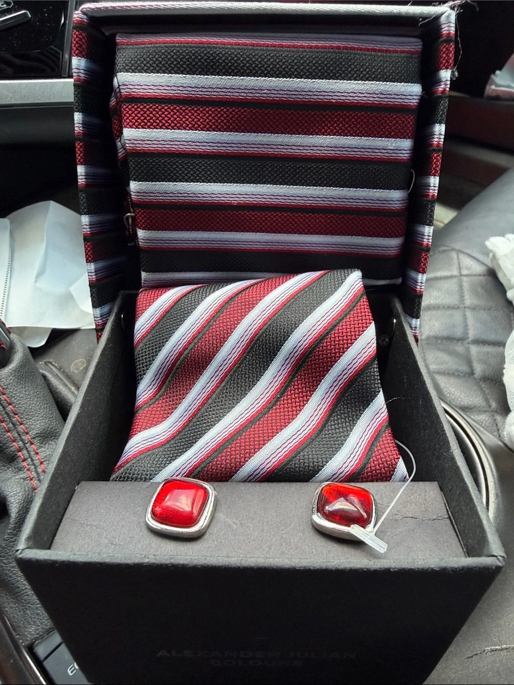 Alexander Julian Colours Hand Made Woven Tie Set - Red, Black & White Striped